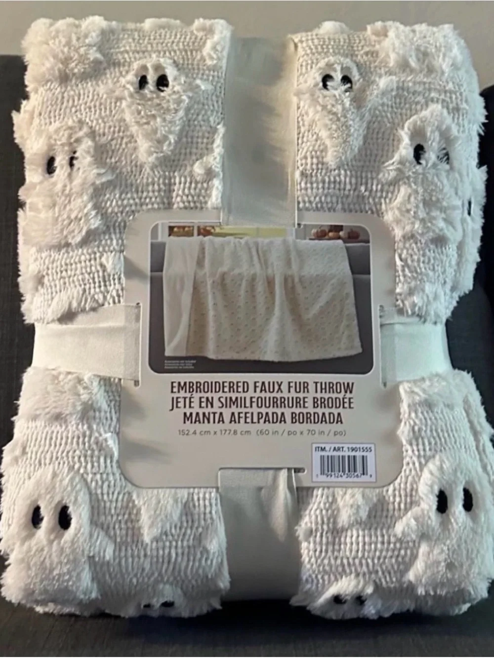 Embroidered Faux Fur Ghost Throw Blanket - Cream viral Costco